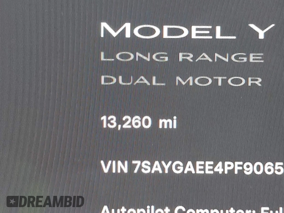2023 Tesla Model Y Long Range with VIN 7SAYGAEE4PF906577, listed as a IAAI auction lot 42174987 with 13,260 mi miles and . Bid and sale history available at DreamBid. Image 15.