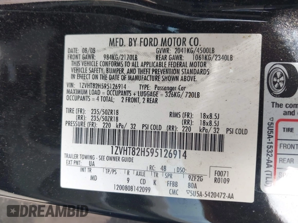 2009 Ford Mustang GT with VIN 1ZVHT82H595126914, listed as a IAAI auction lot 42619745 with 76,097 mi miles and . Bid and sale history available at DreamBid. Image 9.