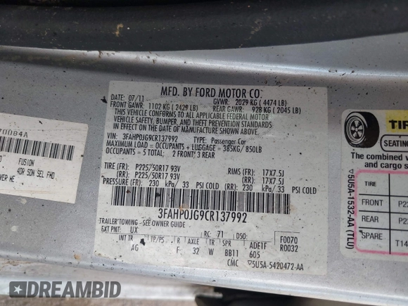 2012 Ford Fusion SEL with VIN 3FAHP0JG9CR137992, listed as a IAAI auction lot 42040238 with Not Provided miles and . Bid and sale history available at carsss.com. Image 9.