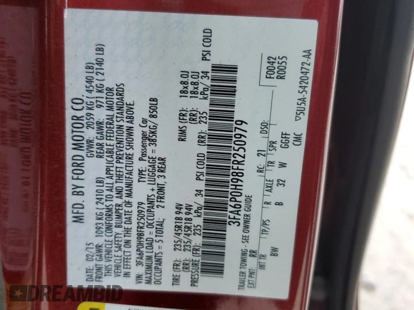 2015 Ford Fusion SE with VIN 3FA6P0H98FR250979, listed as a Copart auction lot 79776743 with 0 mi miles and Salvage Title. Bid and sale history available at carsss.com. Image 14.