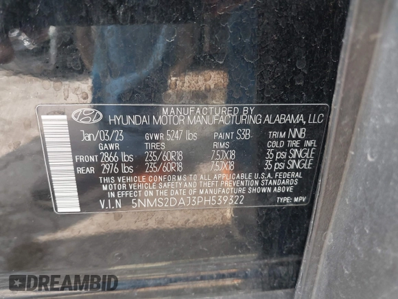 2023 Hyundai Santa Fe SEL with VIN 5NMS2DAJ3PH539322, listed as a IAAI auction lot 42153111 with 61,662 mi miles and . Bid and sale history available at DreamBid. Image 9.