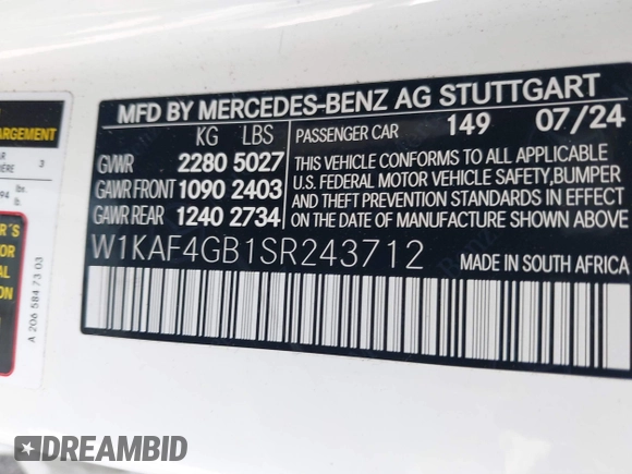 2025 Mercedes-Benz C 300 with VIN W1KAF4GB1SR243712, listed as a IAAI auction lot 41531516 with 4,506 mi miles and . Bid and sale history available at DreamBid. Image 9.