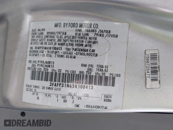 2005 Ford Focus S с VIN 3FAFP31N65R108413, выставлен на аукционе IAAI как лот 42347562 с пробегом 156 291 миль миль и . История ставок и продаж доступна на DreamBid. Изображение 9.