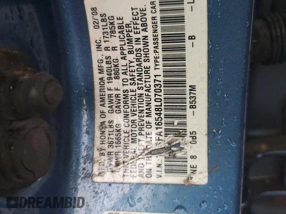 2008 Honda Civic LX with VIN 1HGFA16548L070371, listed as a Copart auction lot 50827495 with 218,270 mi miles and Salvage Title. Bid and sale history available at DreamBid. Image 14.