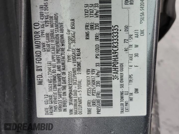 2012 Ford Fusion SE with VIN 3FAHP0HA9CR333335, listed as a Copart auction lot 52548315 with 0 mi miles and Salvage Title. Bid and sale history available at carsss.com. Image 13.