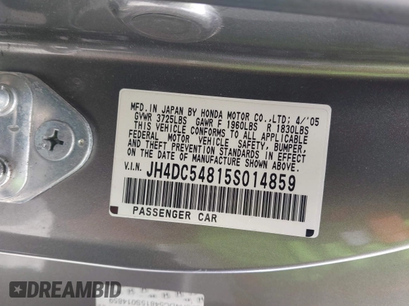 2005 Acura RSX z VIN JH4DC54815S014859, wystawiony jako IAAI lot #42541893 z przebiegiem 103 520 mil mil oraz . Historia ofert i sprzedaży dostępna na DreamBid. Obrazek 9.