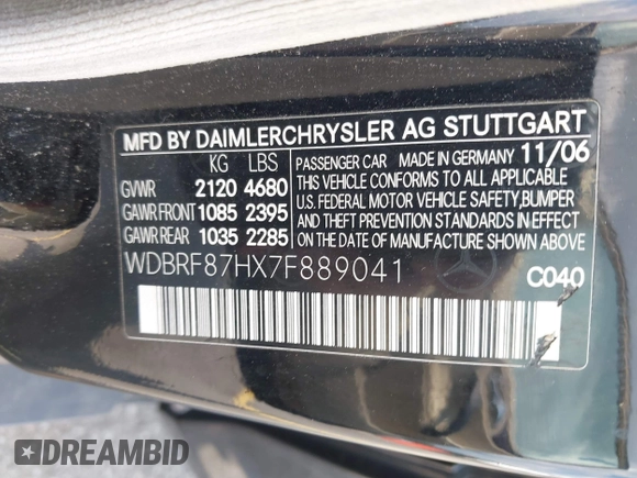 2007 Mercedes-Benz C with VIN WDBRF87HX7F889041, listed as a IAAI auction lot 42648400 with 218,227 mi miles and . Bid and sale history available at DreamBid. Image 9.