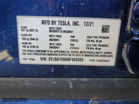 2022 Tesla Model S Plaid with VIN 5YJSA1E66NF462693, listed as a Copart auction lot 45350985 with 0 mi miles and Salvage Title. Bid and sale history available at carsss.com. Image 14.