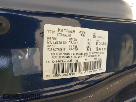 2005 Chrysler Town & Country LX with VIN 2C4GP44R45R232608, listed as a IAAI auction lot 42115292 with 145,502 mi miles. Bid and sale history available at carsss.com. Image 9.