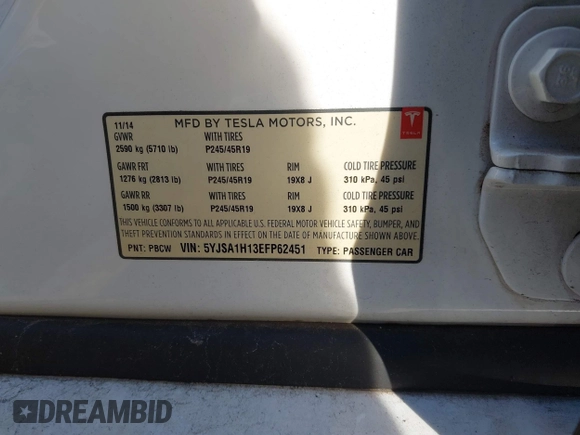 2014 Tesla Model S 60 with VIN 5YJSA1H13EFP62451, listed as a IAAI auction lot 41639068 with 88,000 mi miles and . Bid and sale history available at DreamBid. Image 9.