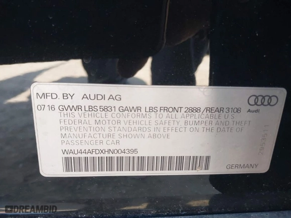 2017 Audi A8 L with VIN WAU44AFDXHN004395, listed as a IAAI auction lot 41705688 with 63,282 mi miles. Bid and sale history available at carsss.com. Image 9.