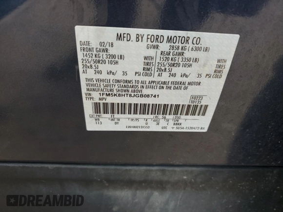 2018 Ford Explorer Platinum with VIN 1FM5K8HT8JGB08741, listed as a Copart auction lot 57678785 with 81,335 mi miles and Salvage title. Bid and sale history available at DreamBid. Image 12.