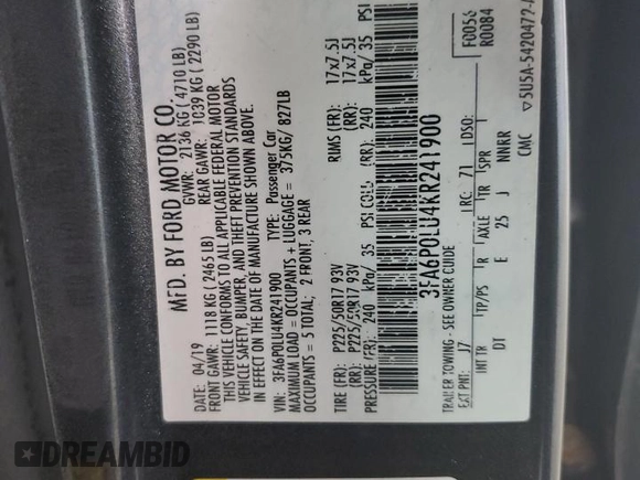 2019 Ford Fusion SE with VIN 3FA6P0LU4KR241900, listed as a Copart auction lot 50908075 with 70,981 mi miles and Salvage Title. Bid and sale history available at carsss.com. Image 12.