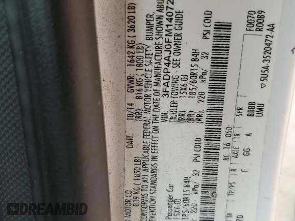 2015 Ford Fiesta S z VIN 3FADP4AJ0FM140721, wystawiony jako Copart lot #58148075 z przebiegiem 121 404 mil mil oraz Szkoda całkowita • Salvage title. Historia ofert i sprzedaży dostępna na DreamBid. Obrazek 12.