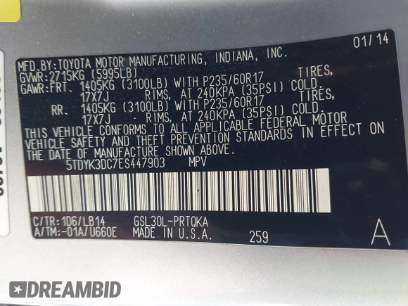2014 Toyota Sienna XLE with VIN 5TDYK3DC7ES447903, listed as a IAAI auction lot 41835665 with 224,492 mi miles. Bid and sale history available at carsss.com. Image 9.