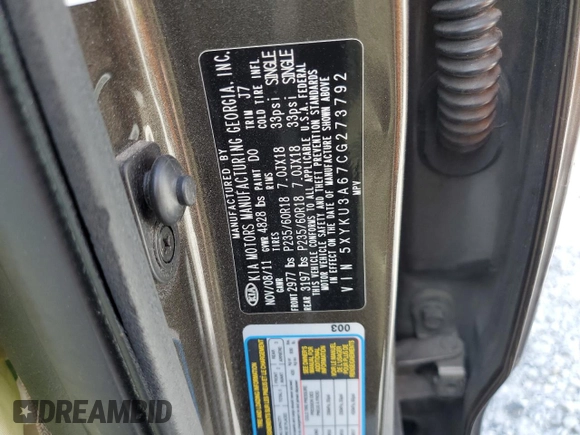 2012 Kia Sorento EX with VIN 5XYKU3A67CG273792, listed as a Copart auction lot 63869745 with Not provided miles and Salvage title. Bid and sale history available at DreamBid. Image 13.