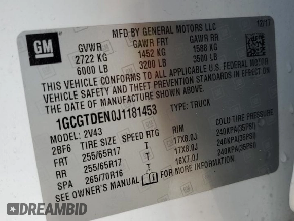 2018 Chevrolet Colorado 4WD Z71 with VIN 1GCGTDEN0J1181453, listed as a Copart auction lot 54841345 with 59,189 mi miles and Salvage title. Bid and sale history available at DreamBid. Image 14.
