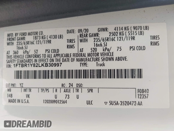 2020 Ford Transit Cargo with VIN 1FTBR1Y82LKB30997, listed as a IAAI auction lot 41293464 with 119,934 mi miles and . Bid and sale history available at DreamBid. Image 9.