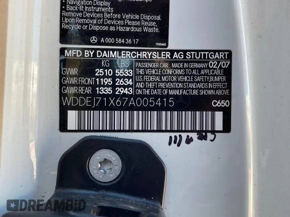 2007 Mercedes-Benz CL 550 z VIN WDDEJ71X67A005415, wystawiony jako Copart lot #47699805 z przebiegiem 20 017 mil mil oraz Czysty tytuł • Clean title. Historia ofert i sprzedaży dostępna na DreamBid. Obrazek 10.