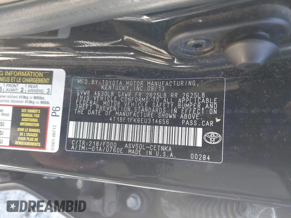 2014 Toyota Camry L with VIN 4T1BF1FK6EU314656, listed as a IAAI auction lot 41712715 with 223,743 mi miles. Bid and sale history available at carsss.com. Image 9.