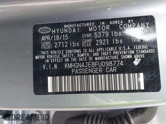 2015 Hyundai Genesis 3.8L with VIN KMHGN4JE8FU098774, listed as a IAAI auction lot 42069813 with 76,397 mi miles. Bid and sale history available at carsss.com. Image 9.