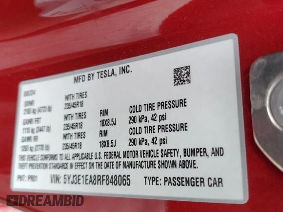 2024 Tesla Model 3 z VIN 5YJ3E1EA8RF848065, wystawiony jako Copart lot #82765684 z przebiegiem 3782 mil mil oraz Szkody całkowita. Historia ofert i sprzedaży dostępna na DreamBid. Obrazek 14.