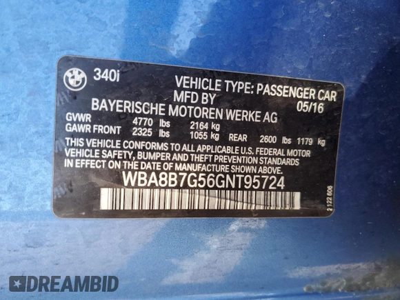2016 BMW 3 Series 340i xDrive with VIN WBA8B7G56GNT95724, listed as a Copart auction lot 88681335 with 50,388 mi miles and Salvage title. Bid and sale history available at DreamBid. Image 14.