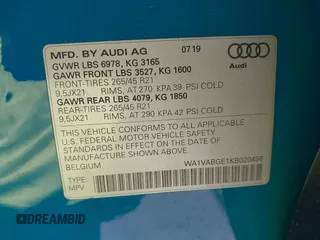 2019 Audi e-tron Prestige with VIN WA1VABGE1KB020498, listed as a IAAI auction lot 42663242 with 46,258 mi miles and . Bid and sale history available at DreamBid. Image 9.