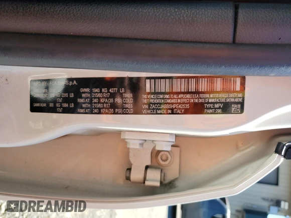 2017 Jeep Renegade Altitude with VIN ZACCJABB5HPE42535, listed as a Copart auction lot 55996775 with 66,379 mi miles and Salvage title. Bid and sale history available at DreamBid. Image 13.
