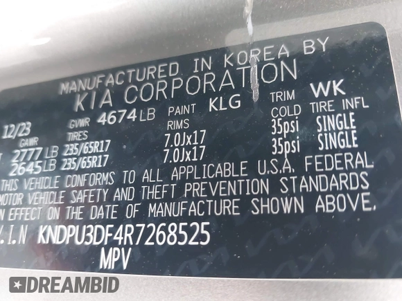 2024 Kia Sportage LX with VIN KNDPU3DF4R7268525, listed as a IAAI auction lot 41980143 with 24,238 mi miles and . Bid and sale history available at DreamBid. Image 9.