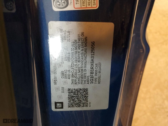 2019 Chevrolet Camaro 1LT with VIN 1G1FB1RX6K0125056, listed as a Copart auction lot 44658095 with 107,469 mi miles and Salvage Title. Bid and sale history available at carsss.com. Image 12.