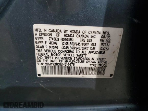 2007 Honda Ridgeline RTX z VIN 2HJYK16317H514476, wystawiony jako Copart lot #74274954 z przebiegiem Nie podano mil oraz Nie do naprawy • Non repairable. Historia ofert i sprzedaży dostępna na DreamBid. Obrazek 12.