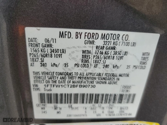 2011 Ford F-150 XLT with VIN 1FTFW1CT2BFB90730, listed as a Copart auction lot 47705735 with 236,559 mi miles and Salvage Title. Bid and sale history available at carsss.com. Image 12.