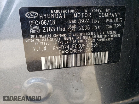 2019 Hyundai Elantra SE with VIN KMHD74LF6KU833555, listed as a Copart auction lot 53786815 with 56,501 mi miles and Salvage Title. Bid and sale history available at DreamBid. Image 13.