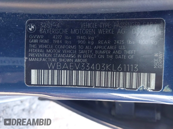 2003 BMW 3 Series 325i with VIN WBAEV33403KL61113, listed as a IAAI auction lot 41775831 with 199,126 mi miles and . Bid and sale history available at DreamBid. Image 9.