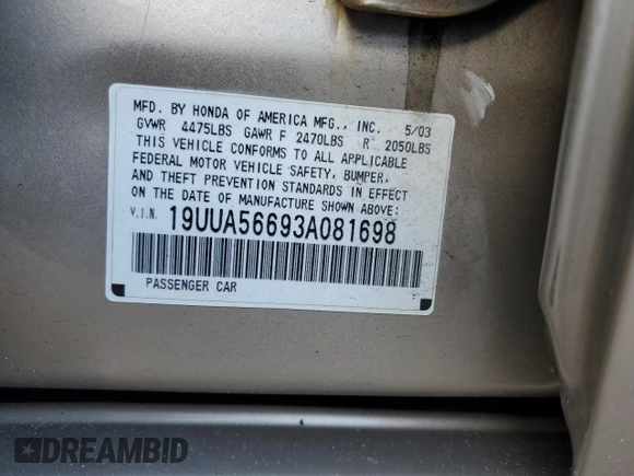 2003 Acura TL with VIN 19UUA56693A081698, listed as a Copart auction lot 42183725 with 73,351 mi miles and Clean Title. Bid and sale history available at carsss.com. Image 12.