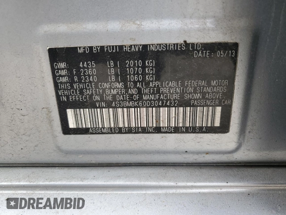 2013 Subaru Legacy Limited with VIN 4S3BMBK60D3047432, listed as a Copart auction lot 58544935 with 183,997 mi miles and Clean title. Bid and sale history available at DreamBid. Image 12.