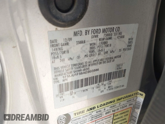 2010 Ford Expedition SSV с VIN 1FMJU1F58AEB03586, выставлен на аукционе IAAI как лот 42506093 с пробегом 226 660 миль миль и . История ставок и продаж доступна на DreamBid. Изображение 9.