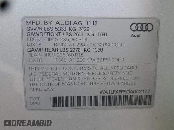 2013 Audi Q5 Premium Plus with VIN WA1LFAFP5DA042177, listed as a Copart auction lot 59809615 with 103,071 mi miles and Salvage title. Bid and sale history available at DreamBid. Image 12.
