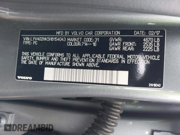 2017 Volvo S60 Inscription with VIN LYV402HK5HB154043, listed as a IAAI auction lot 41763769 with 136,736 mi miles. Bid and sale history available at carsss.com. Image 9.
