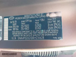 2024 Hyundai Santa Fe Hybrid Calligraphy with VIN 5NMP5DG10RH014628, listed as a IAAI auction lot 41139016 with 8,796 mi miles. Bid and sale history available at carsss.com. Image 9.
