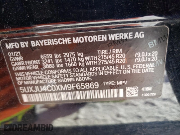 2021 BMW X5 M50i with VIN 5UXJU4C0XM9F65869, listed as a Copart auction lot 41585305 with 41,994 mi miles and Salvage Title. Bid and sale history available at carsss.com. Image 13.