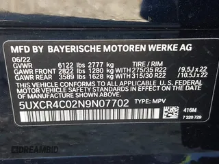 2022 BMW X5 sDrive40i with VIN 5UXCR4C02N9N07702, listed as a IAAI auction lot 41452480 with 52,275 mi miles. Bid and sale history available at carsss.com. Image 9.