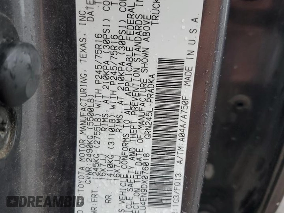 2013 Toyota Tacoma with VIN 5TFLU4EN9DX076018, listed as a Copart auction lot 57248765 with 187,475 mi miles and Salvage title. Bid and sale history available at DreamBid. Image 12.