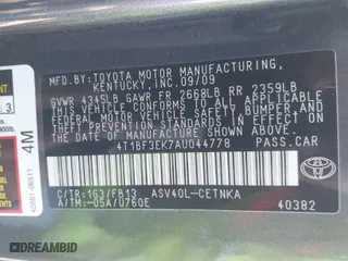 2010 Toyota Camry with VIN 4T1BF3EK7AU044778, listed as a IAAI auction lot 41852101 with 112,746 mi miles. Bid and sale history available at carsss.com. Image 9.