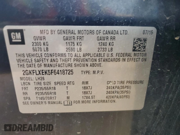 2015 GMC Terrain SLT with VIN 2GKFLXEK5F6418725, listed as a Copart auction lot 57339295 with 152,181 mi miles and Clean title. Bid and sale history available at DreamBid. Image 13.
