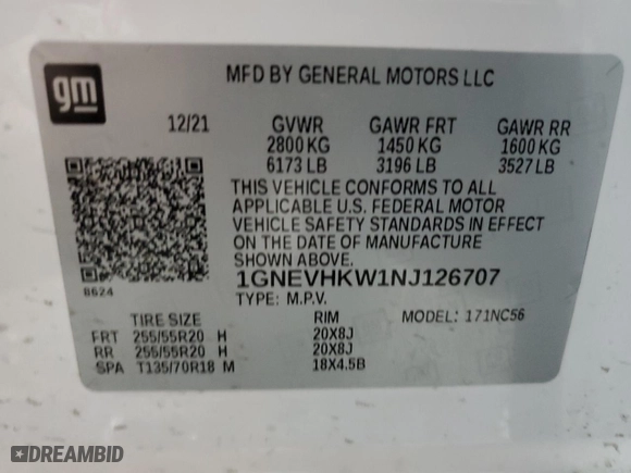 2022 Chevrolet Traverse LT Leather with VIN 1GNEVHKW1NJ126707, listed as a Copart auction lot 45018195 with 48,470 mi miles and Salvage Title. Bid and sale history available at carsss.com. Image 14.