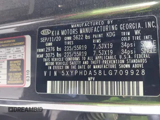 2020 Kia Sorento EX V6 with VIN 5XYPHDA58LG709928, listed as a IAAI auction lot 41826419 with 1 mi miles. Bid and sale history available at carsss.com. Image 9.