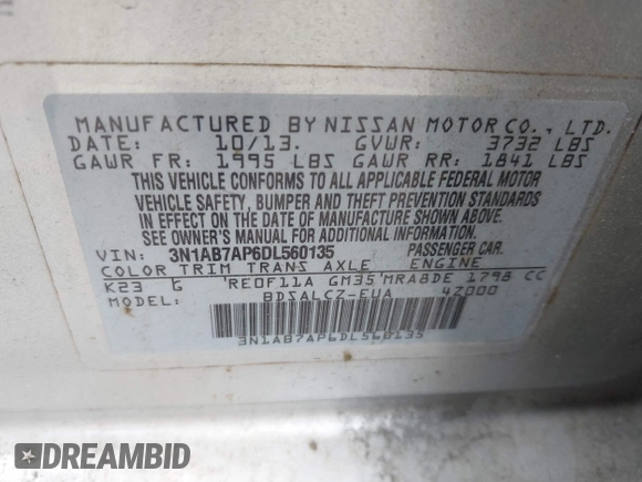 2013 Nissan Sentra SR with VIN 3N1AB7AP6DL560135, listed as a IAAI auction lot 41912932 with Not Provided miles and . Bid and sale history available at DreamBid. Image 9.