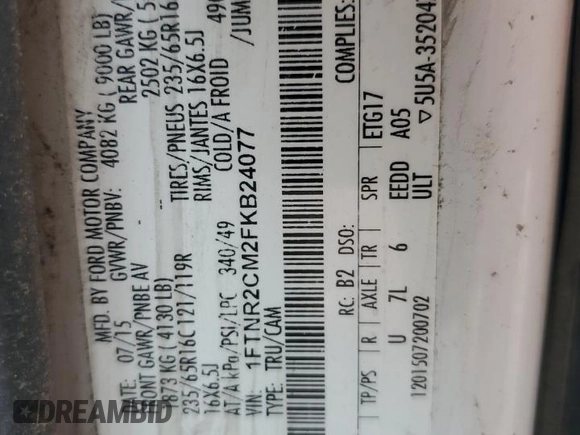 2015 Ford Transit Cargo with VIN 1FTNR2CM2FKB24077, listed as a Copart auction lot 57963285 with 239,419 mi miles and Salvage title. Bid and sale history available at DreamBid. Image 12.